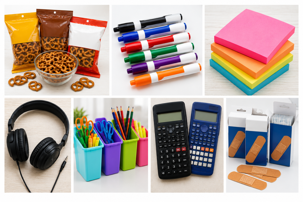 snacks, dry erase markers, paper, headphones, other school supplies